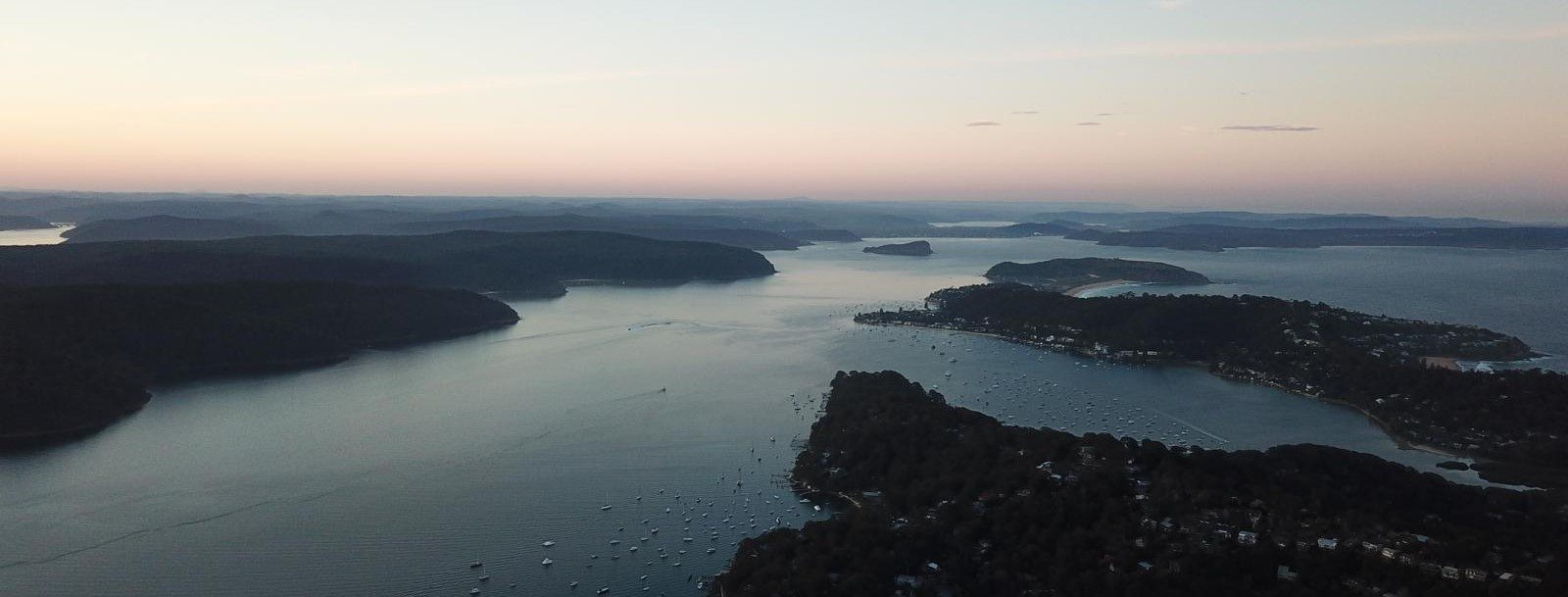 Aerial view of Pittwater and Broken Bay at dusk