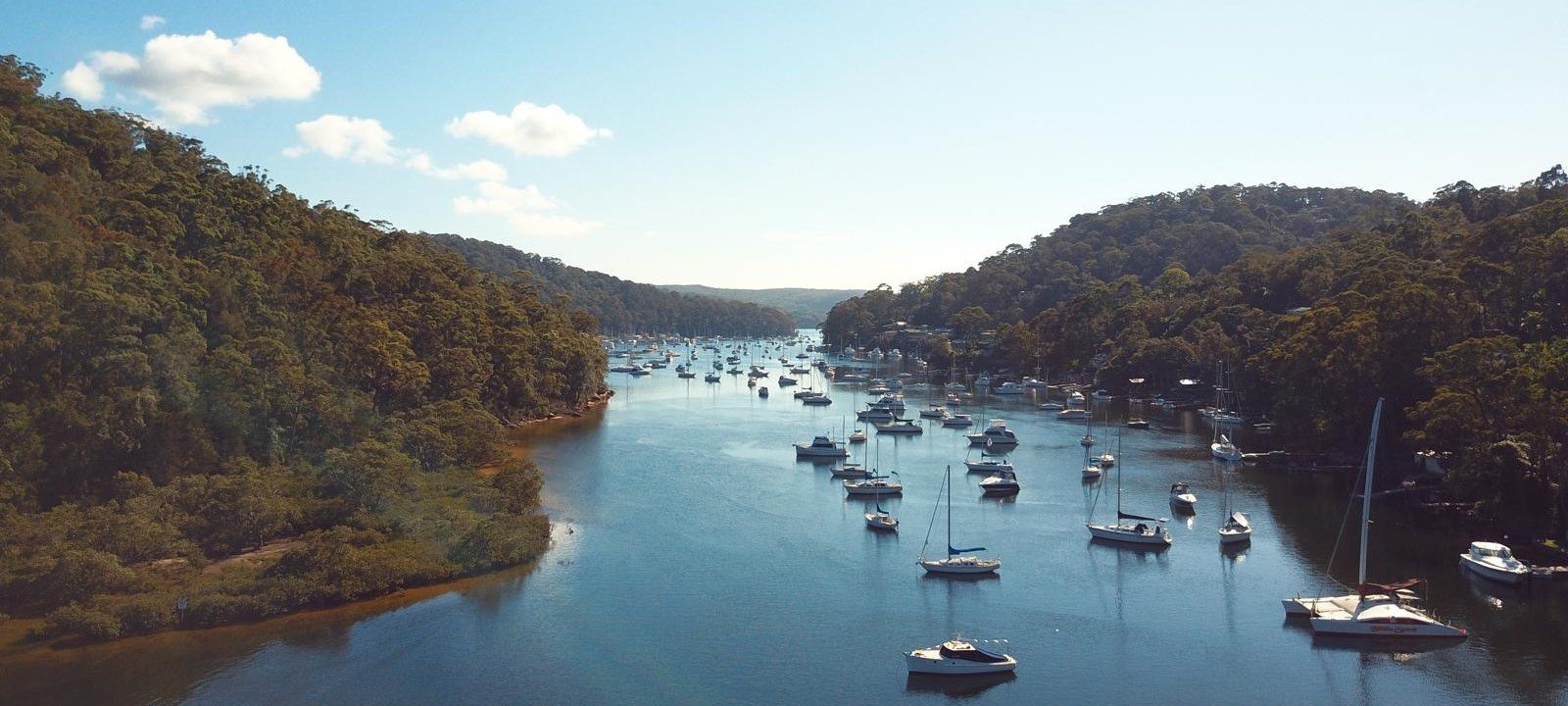 Boats moored in McCarrs Creek, Pittwater, surrounded by bushland